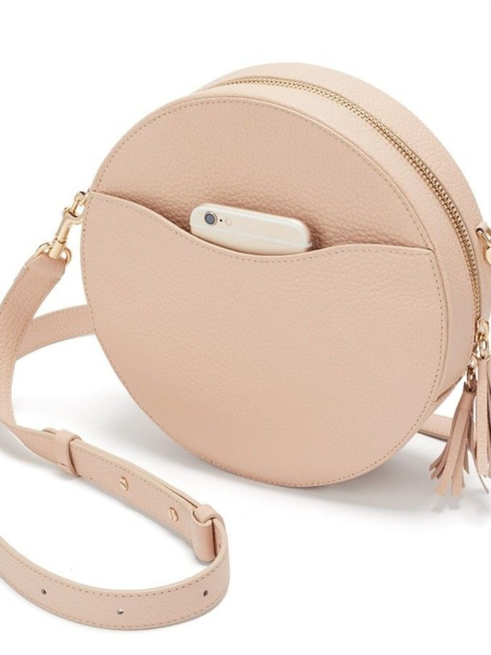 Cuyana Blush Pink Round Crossbody Bag Pebble Leather Zipper Gold Hardware